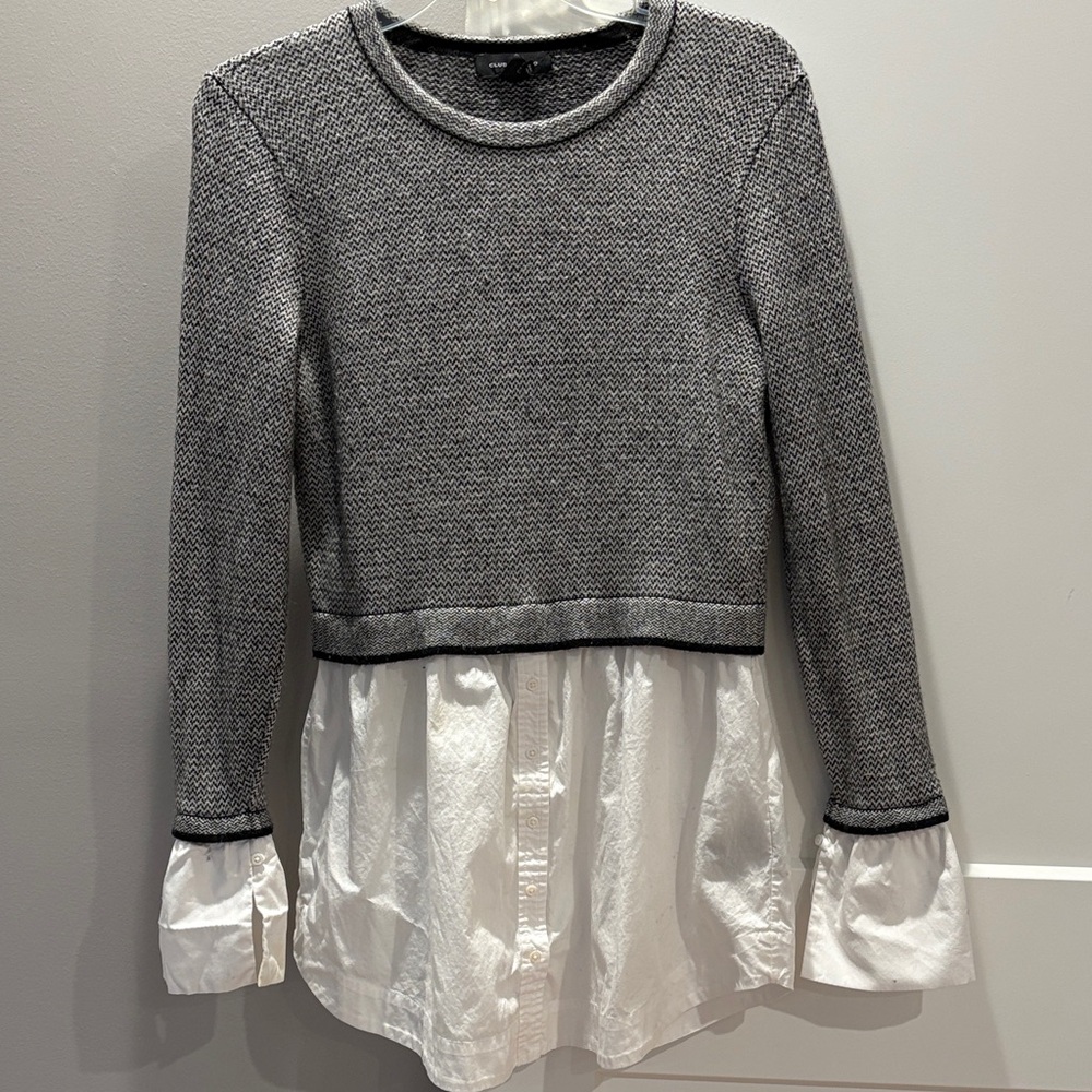 Club Monaco Gray Knit Crewneck Sweater with White Shirt Hem